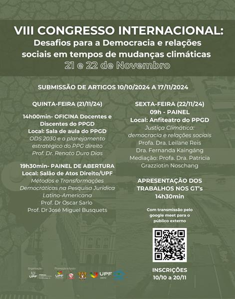 Cronograma VIII Congresso Internacional 21 e 22 de novembro de 2024