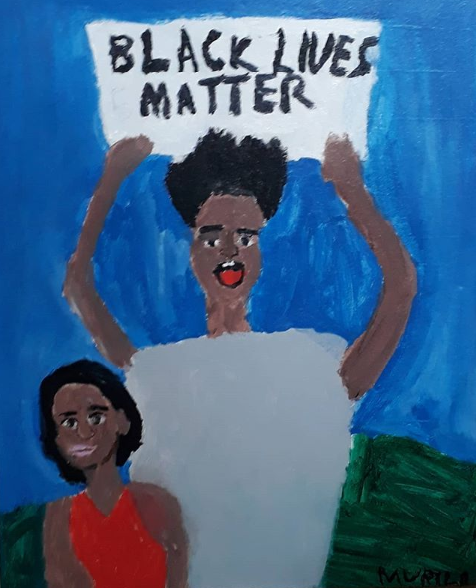 #pracegover: representa uma pintura que mostra duas pessoas negras, sendo que uma delas carrega um cartaz levantado com a uma frase em inglês: black lives matter. Em português: vidas negras importam