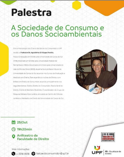 Palestra "A sociedade de consumo e os Danos socioambientais" Dia 25 de outubro de 2019