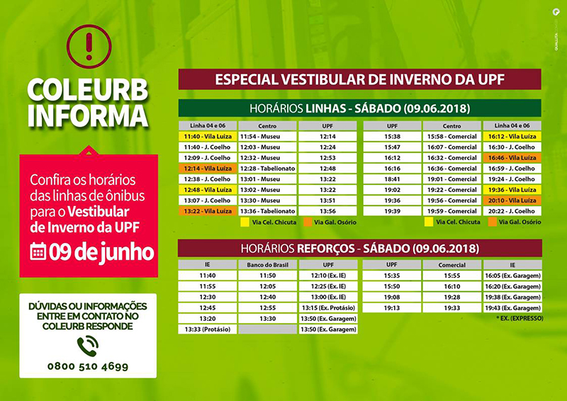 Coleurb informa horários das linhas de ônibus para o Vestibular UPF